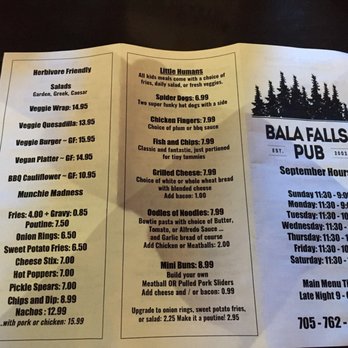 Bala Falls Pub - the menu and prices - Pubs Near Me - Bala, Ontario