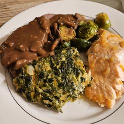 Simply Go Gourmet - Filet of beef with mushroom sauce, Marmalade glazed salmon, Spinach souffle, Roasted brussels sprouts