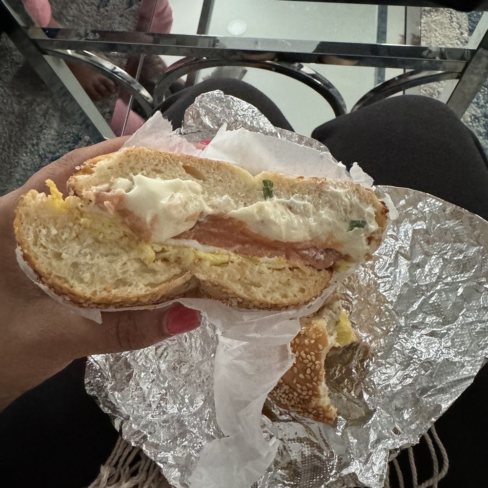 Lox, egg, scallion cream cheese on a toasted sesame bagel Lox, egg, scallion cream cheese on a toasted sesame bagel
