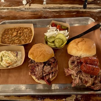 Caldwell County BBQ - El General Patton Sandwich, Dixie V Sandwich, Lemon Poppyseed Coleslaw, beans - Barbeque Near Me - Gilbert, Arizona