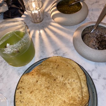 Mirate - Chips with eggplant dip and green salsa - Mexican Near Me - Los Angeles, California Mirate - Chips with eggplant dip and green salsa - Mexican Near Me - Los Angeles, California