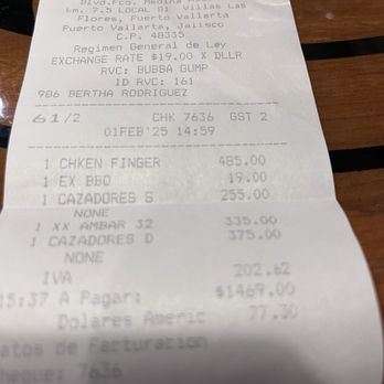 Bubba Gump - And my bill with our drinks and entrée - Seafood Near Me - Puerto Vallarta, JAL
