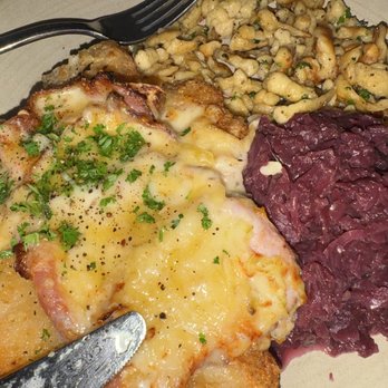 Eva Schnitzelhaus - Ham & cheese schnitzel with braised, red cabbage, and spaetzle - Desserts Near Me - Victoria, British Columbia Eva Schnitzelhaus - Ham & cheese schnitzel with braised, red cabbage, and spaetzle - Desserts Near Me - Victoria, British Columbia