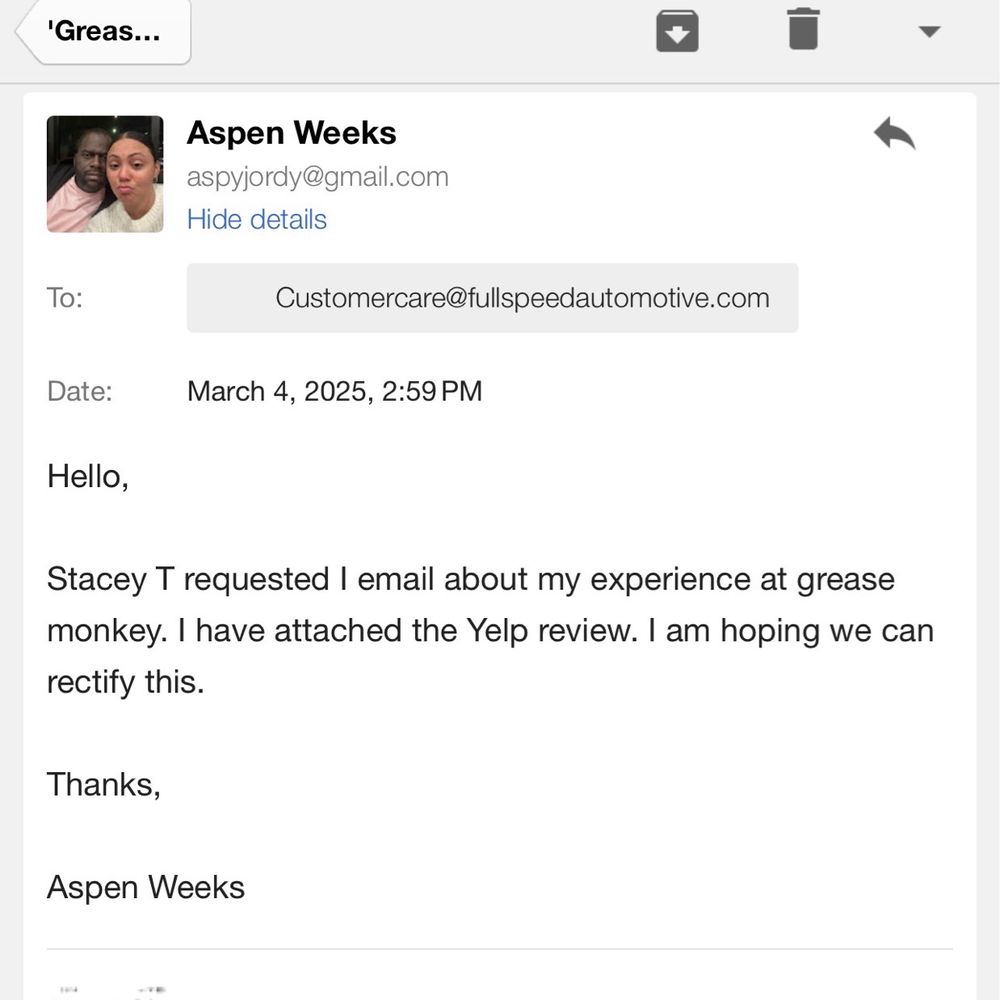 Grease Monkey - My first email a couple of days after posting my Yelp review. Further proving this business is a scam. - Oil Change Stations Near Me - St. Augustine, Florida