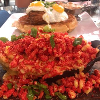 The Attic - Reggae Mac and cheese with hot Cheetos & chicken and waffles - Breakfast & Brunch Near Me - Long Beach, California