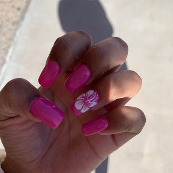 Wonderlust Nails Spa - Acrylic full set gel polish nails with a hibiscus flower design - Nail Salons Near Me - Chandler, Arizona Wonderlust Nails Spa - Acrylic full set gel polish nails with a hibiscus flower design - Nail Salons Near Me - Chandler, Arizona