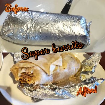 Taqueria Dos Compadres - Super burrito: shredded chicken, rice, refried beans, sour cream, cheese, & guacamole. Before & after photos. - Mexican Near Me - Modesto, California Taqueria Dos Compadres - Super burrito: shredded chicken, rice, refried beans, sour cream, cheese, & guacamole. Before & after photos. - Mexican Near Me - Modesto, California