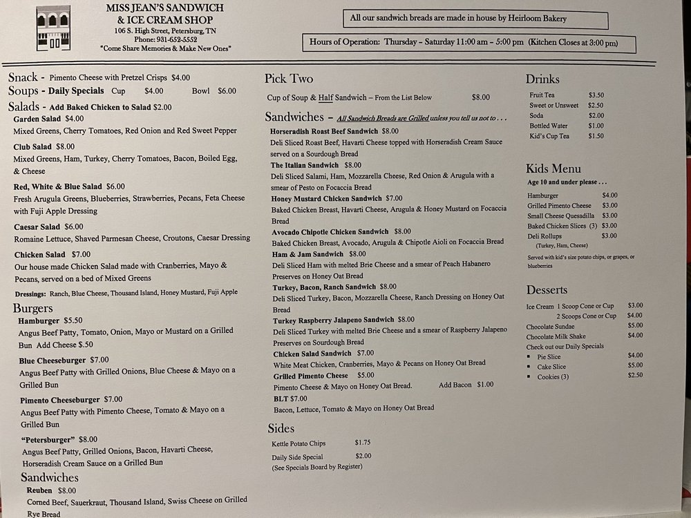 MISS JEAN’S SANDWICH AND ICE CREAM SHOP 106 S High St, Petersburg