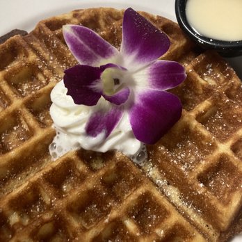 Guieb Cafe - Poi mochi waffle with haupia sauce. So delicious! - New American Near Me - Honolulu, Hawaii