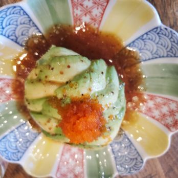 Chubby Sushi & Ramen - Chubby egg. filled with imitation crab, blanketed with avocado slices, topped with a masago garnish and resting in tasty ponzu sauce. - Sushi Bars Near Me - Brea, California