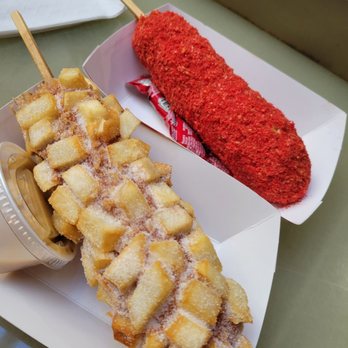 Mochinut - Southcenter - Potato Sugar and Flamin' Hot Cheetos dogs. - Donuts Near Me - Seattle, Washington Mochinut - Southcenter - Potato Sugar and Flamin' Hot Cheetos dogs. - Donuts Near Me - Seattle, Washington