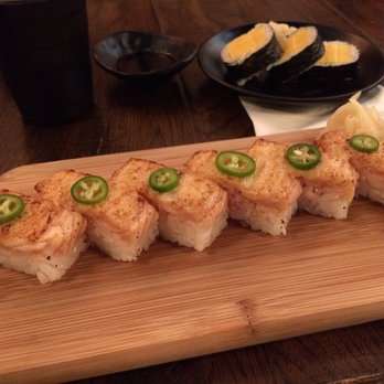 Green Leaf Cafe - Salmon aburi sushi, and unusual egg "kimbap" in the back... - Sushi Bars Near Me - Burnaby, British Columbia Green Leaf Cafe - Salmon aburi sushi, and unusual egg "kimbap" in the back... - Sushi Bars Near Me - Burnaby, British Columbia