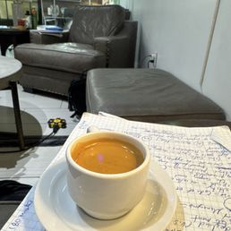 Espresso double shot. Strong and good. First time here. Very cool place. The weather inside here is very nice.