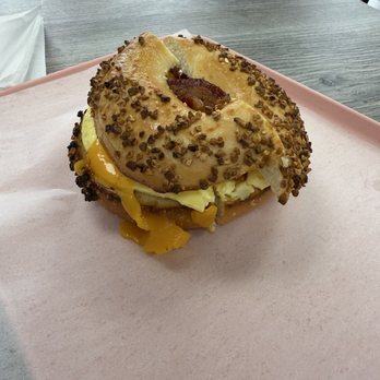 5th Ave Bagelry - Big garlic Bagel with Egg, Cheese, Breakfast Meat - Bagels Near Me - Anaheim, California