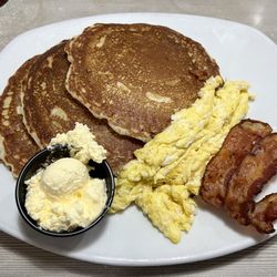 Perkins American Food - The off menu, Early Bird Magnificent seven. 3 pancakes, 2 scrambled eggs, & 2 crispy bacon strips for $4.99. Heck ya!!