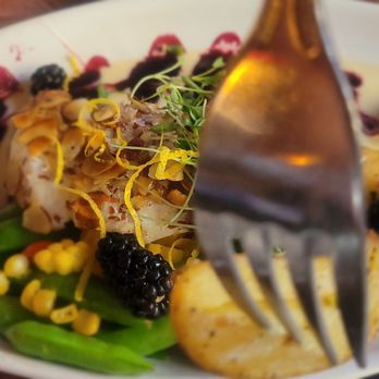 Duke's Seafood - Kent - Fresh Halibut with buerre blanc sauce with blackberries - Seafood Near Me - Kent, Washington Duke's Seafood - Kent - Fresh Halibut with buerre blanc sauce with blackberries - Seafood Near Me - Kent, Washington