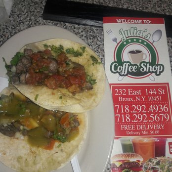 Julia's Coffee Shop - Steak tacos with green sauce and a fresh roasted pepper sauce - Juice Bars & Smoothies Near Me - Bronx, New York Julia's Coffee Shop - Steak tacos with green sauce and a fresh roasted pepper sauce - Juice Bars & Smoothies Near Me - Bronx, New York