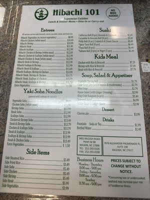 Menu photo 1 Hibachi 101 Wilson, NC