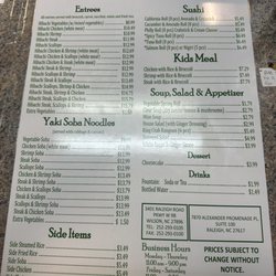 Hibachi 101 - Current menu as of 2024