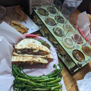 Pig Minds Brewing - Quesadilla Beyond Burger with grilled Broccoli side, Fried "cheezy" Pickles, and what is left of a fantastic $15 beer flight! - Brewpubs Near Me - Machesney Park, Illinois Pig Minds Brewing - Quesadilla Beyond Burger with grilled Broccoli side, Fried "cheezy" Pickles, and what is left of a fantastic $15 beer flight! - Brewpubs Near Me - Machesney Park, Illinois