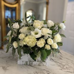 White Peacock Flowers & Design - Pure Serenity - White lisianthus, roses, spray roses, carnations, and veronicas with eucalyptus and greenery. Elegant and timeless.