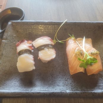 Sushi Tsunami - Seared salmon with octopus nigiri. - Sushi Bars Near Me - Pleasant Hill, California Sushi Tsunami - Seared salmon with octopus nigiri. - Sushi Bars Near Me - Pleasant Hill, California