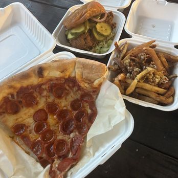 Scolari's Good Eats - Pepperoni pizza slice, Nashville hot good ol' boy, garlic scampi fries - Burgers Near Me - Alameda, California
