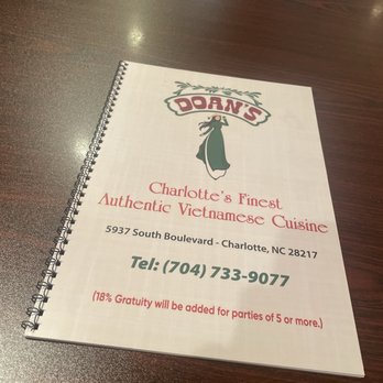 Doan's Vietnamese Cuisine - Front of menu - Vietnamese Near Me - Charlotte, North Carolina