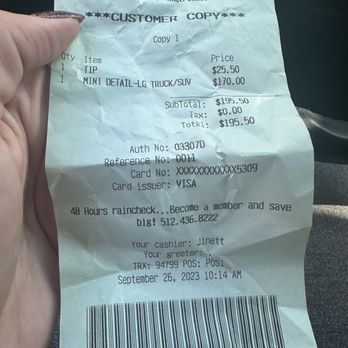 Complete Auto Detail & Car Wash - Receipt paid at 10:15 - Auto Detailing Near Me - Austin, Texas