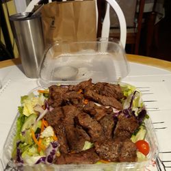 Family Pizza - Steak tips salad. Delicious!