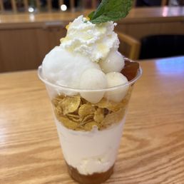 Yuzu & Black Tea Parfait - Yuzu Juice, Lemon Sorbet, Vanilla Soft Serve, Black Tea Jelly, Shiratama, Corn Flakes, and Whipped Cream Yuzu & Black Tea Parfait - Yuzu Juice, Lemon Sorbet, Vanilla Soft Serve, Black Tea Jelly, Shiratama, Corn Flakes, and Whipped Cream