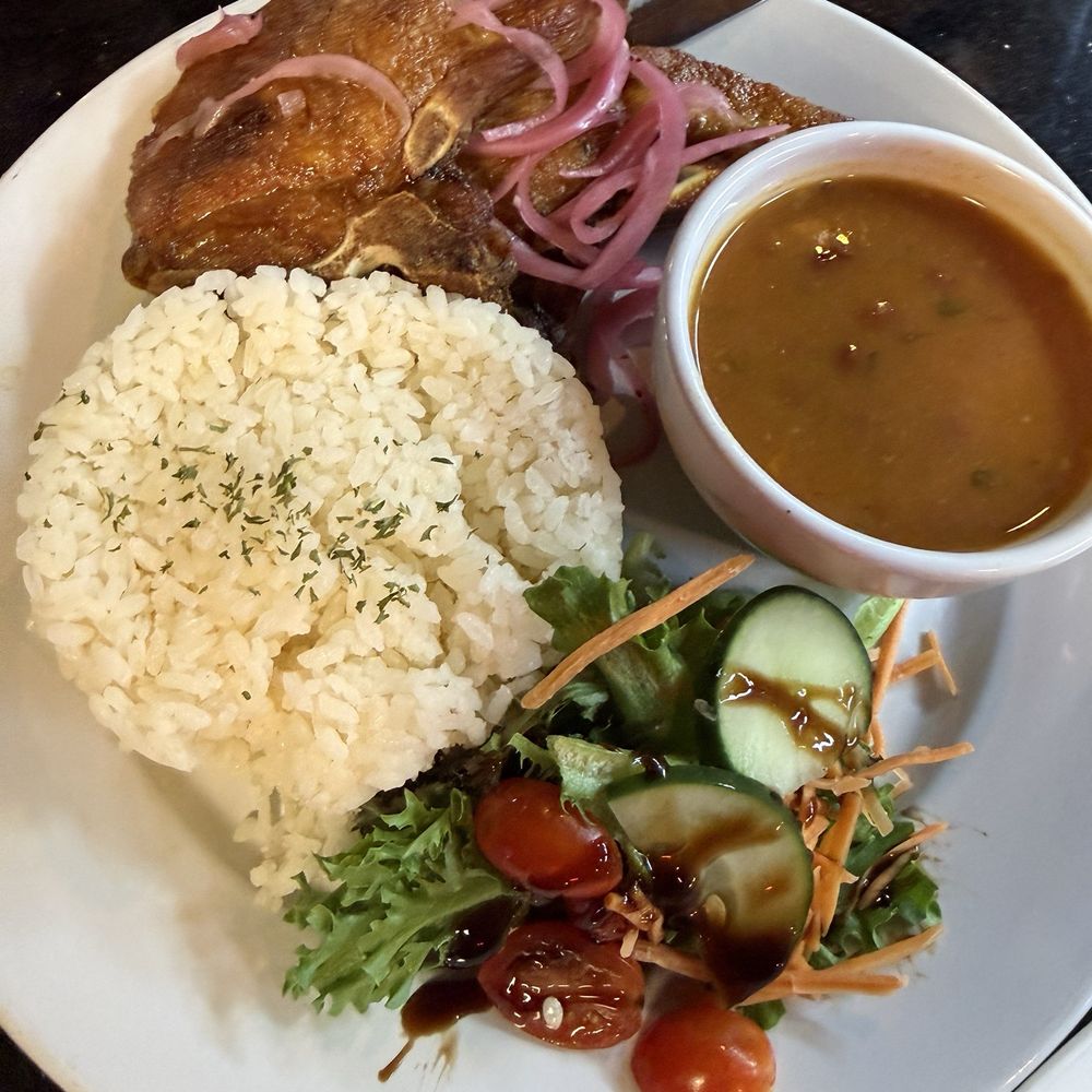 Mesa Latina - Chuletas (pork chops) white rice and red beans with salad - Puerto Rican Near Me - Zephyrhills, Florida Mesa Latina - Chuletas (pork chops) white rice and red beans with salad - Puerto Rican Near Me - Zephyrhills, Florida