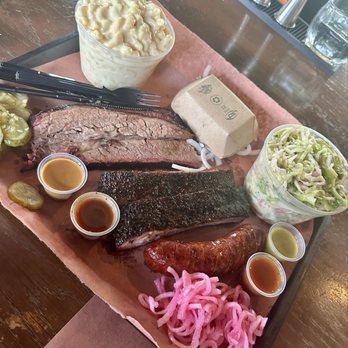 Lewis Barbecue - Brisket (Sliced), Pork Spare Ribs, Sausage, Mac & Cheese, Tangy Coleslaw - Barbeque Near Me - Charleston, South Carolina Lewis Barbecue - Brisket (Sliced), Pork Spare Ribs, Sausage, Mac & Cheese, Tangy Coleslaw - Barbeque Near Me - Charleston, South Carolina