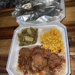 Ardoin’s Porch Cafe’ & Coffee House - Pork sauce piquant, buttered corn, smothered green beans for lunch. My son had peanut butter and jelly.