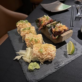 Feng Chophouse - Spicy salmon nori taco and Chophouse Roll - Sushi Bars Near Me - Hartford, Connecticut