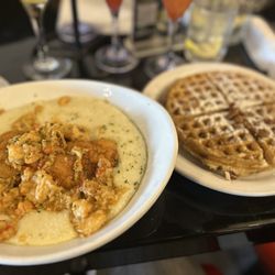 T's Brunch Bar - Seafood and grits and a pecan waffle