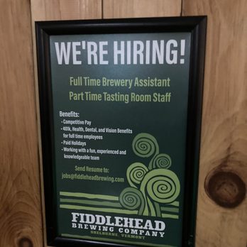 Fiddlehead Brewing - full time brewery assistant - Breweries Near Me - Shelburne, Vermont