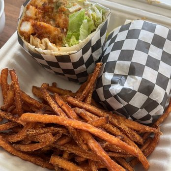 Stacked & Folded - Evanston - Shrimp wrap + sweet potato fries - New American Near Me - Evanston, Illinois
