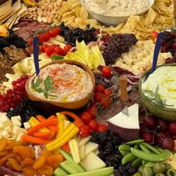 Little Rock Farm Catering - Grazing table with homemade hummus assortment of cheese, cured meats, pickled vegetables and fresh vegetables