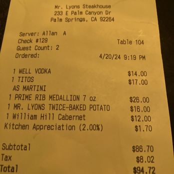 Mr. Lyons - A deceptive fee, beware - Steakhouses Near Me - Palm Springs, California Mr. Lyons - A deceptive fee, beware - Steakhouses Near Me - Palm Springs, California