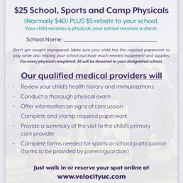 Velocity's website offering $25 physicals Velocity's website offering $25 physicals
