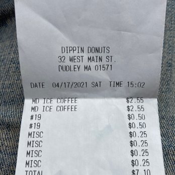 Dippin Donuts - a receipt for a donut - Donuts Near Me - Dudley, Massachusetts