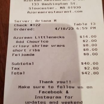 Azorean Restaurant & Bar - Bill - Mediterranean Near Me - Gloucester, Massachusetts Azorean Restaurant & Bar - Bill - Mediterranean Near Me - Gloucester, Massachusetts