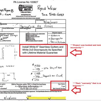 The Gutter Guys - Contract clearly states a 2''x3'' downspout on a 6'' gutter. Also claims a 3 year warranty - Gutter Services Near Me - Newport, Delaware