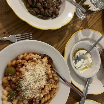 Tortello - Fagioli Alla Veneta (on top) Umbrian Borlotti beans, tropea onion, Sicilian sun dried tomatoes  Busiate Alla Puttanesca (bottom) - Pasta Shops Near Me - Chicago, Illinois