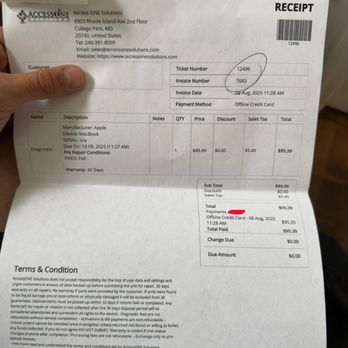 AccessONE Solutions - Electronic Repair Shop - Receipt - Electronics Repair Near Me - College Park, Maryland AccessONE Solutions - Electronic Repair Shop - Receipt - Electronics Repair Near Me - College Park, Maryland