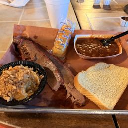 Brisket dinner w apple pie baked beans and tater tot casserole