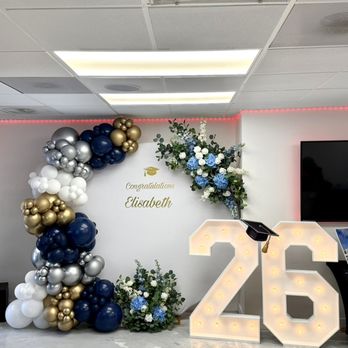 Boom Balloon - Backdrop with balloons, flowers and marquee numbers for graduation party - Balloon Services Near Me Boom Balloon - Backdrop with balloons, flowers and marquee numbers for graduation party - Balloon Services Near Me