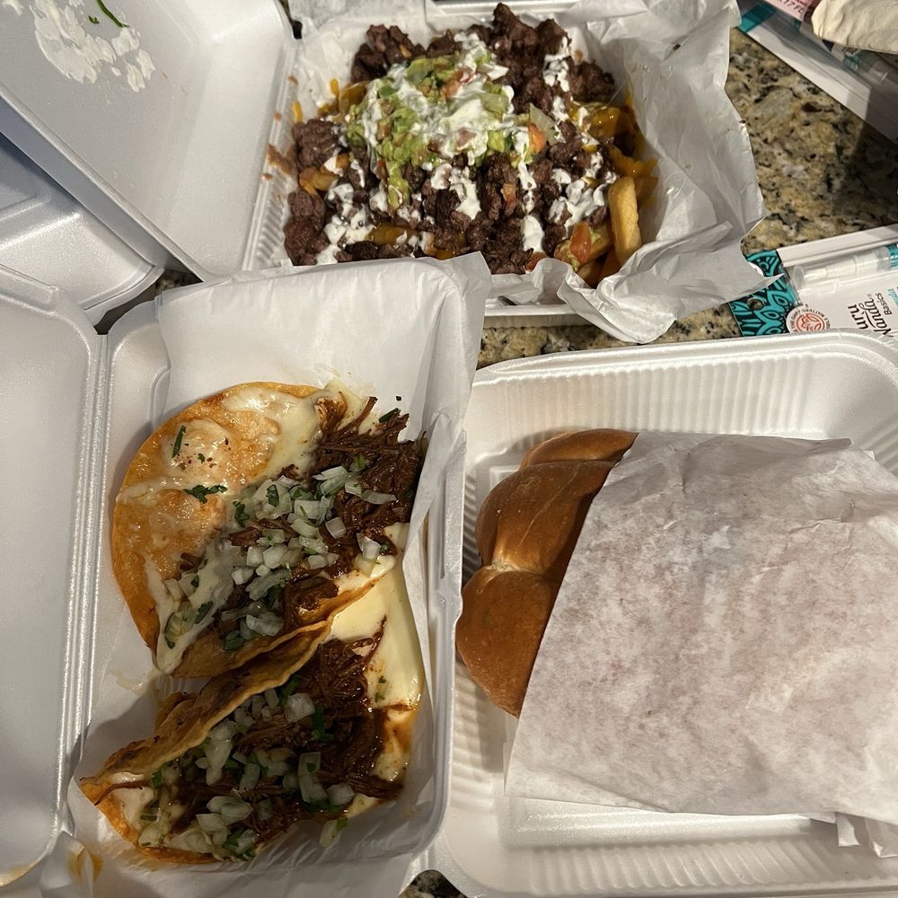 Torta, queso birria tacos and carne asada fries. Torta, queso birria tacos and carne asada fries.
