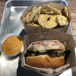 Donut burger, fried pickles and dip.